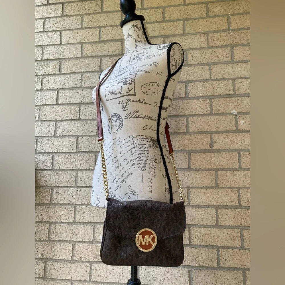 Michael Kors Brown Fulton Flap Gusset Crossbody Brown Envelope Purse Gold Chain